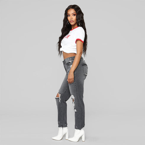 Ripped big hole fashion Jeans Women High Waist skinny pencil Denim Pants Elastic Stretch sexy slim fit gray Jeans women S-2XL - ROUTINE FASHION